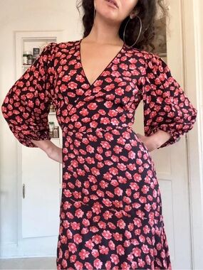 Floral Wrap Midi Dress in Black with Pink Flower Print
